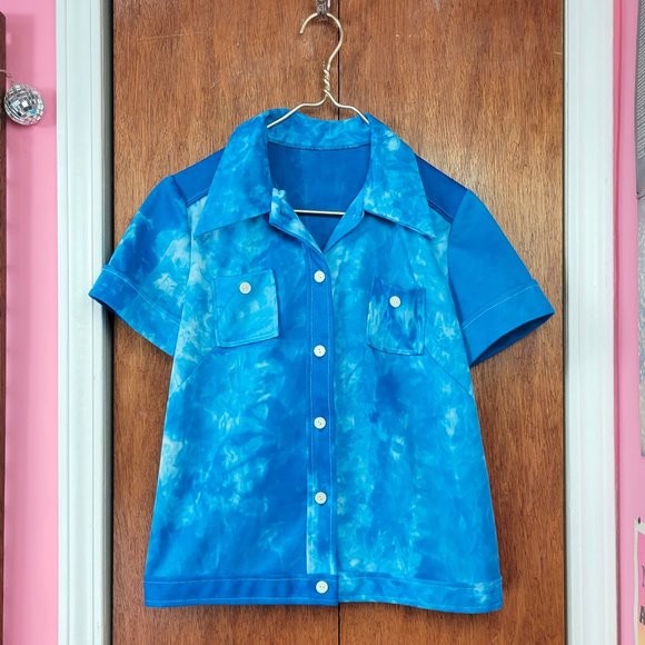 Vintage 70s Blue Tie Dye Polyester Pant Suit - Picture 7 of 11